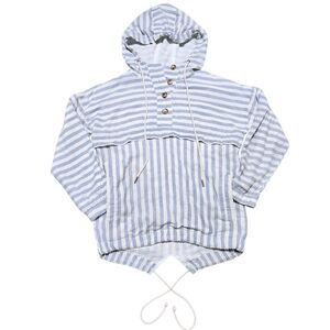 Hem & Thread Striped Pullover Hoodie S Blue White Nautical Coastal Summer Nights